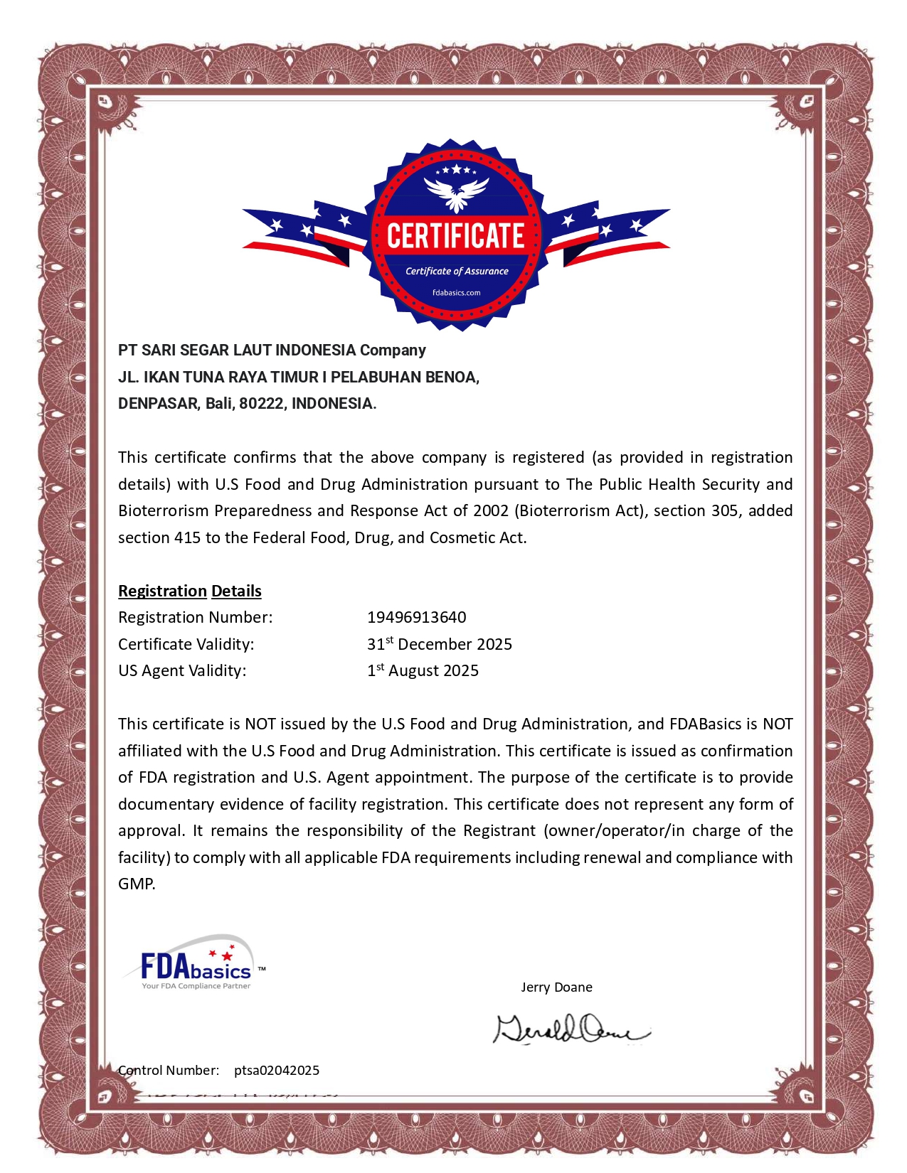Certificate from U.S. Food and Drug Administration 2025