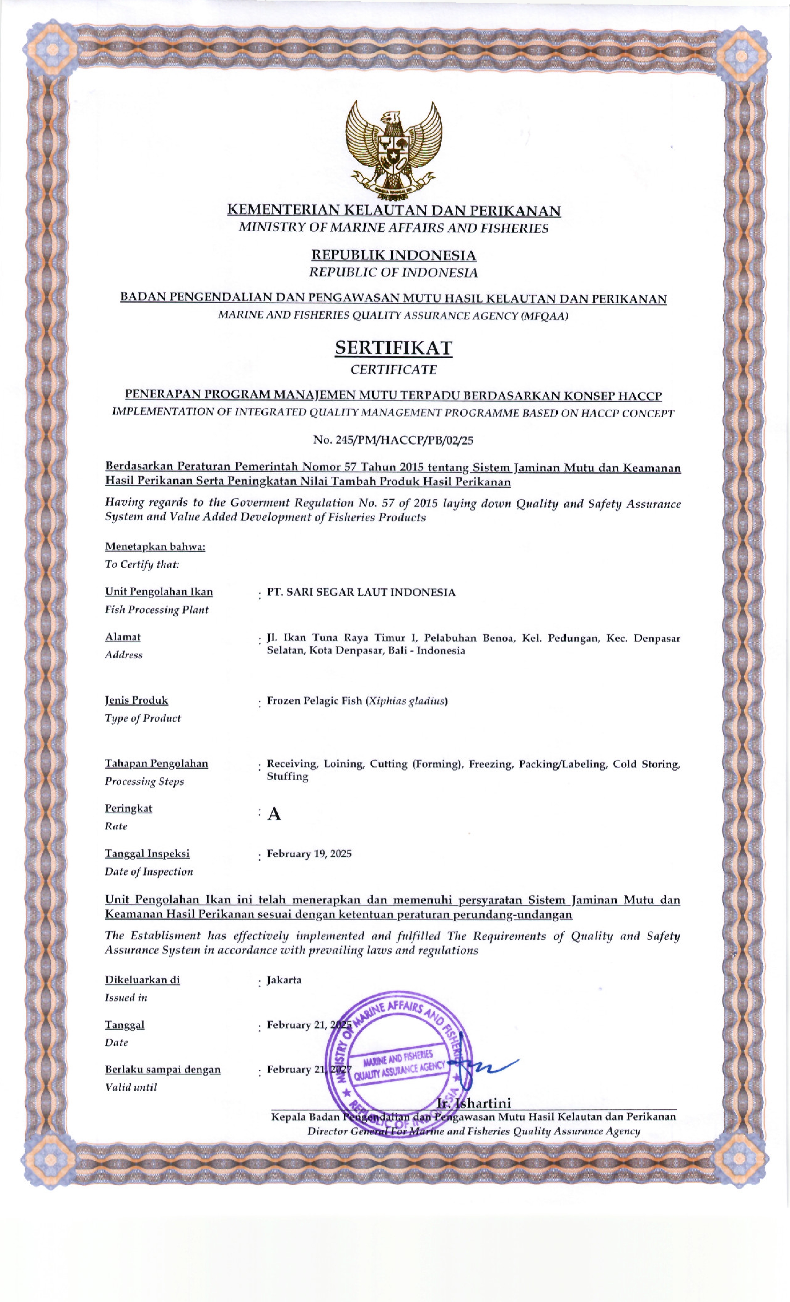 HACCP Certificate of Frozen Pelagic Fish Product