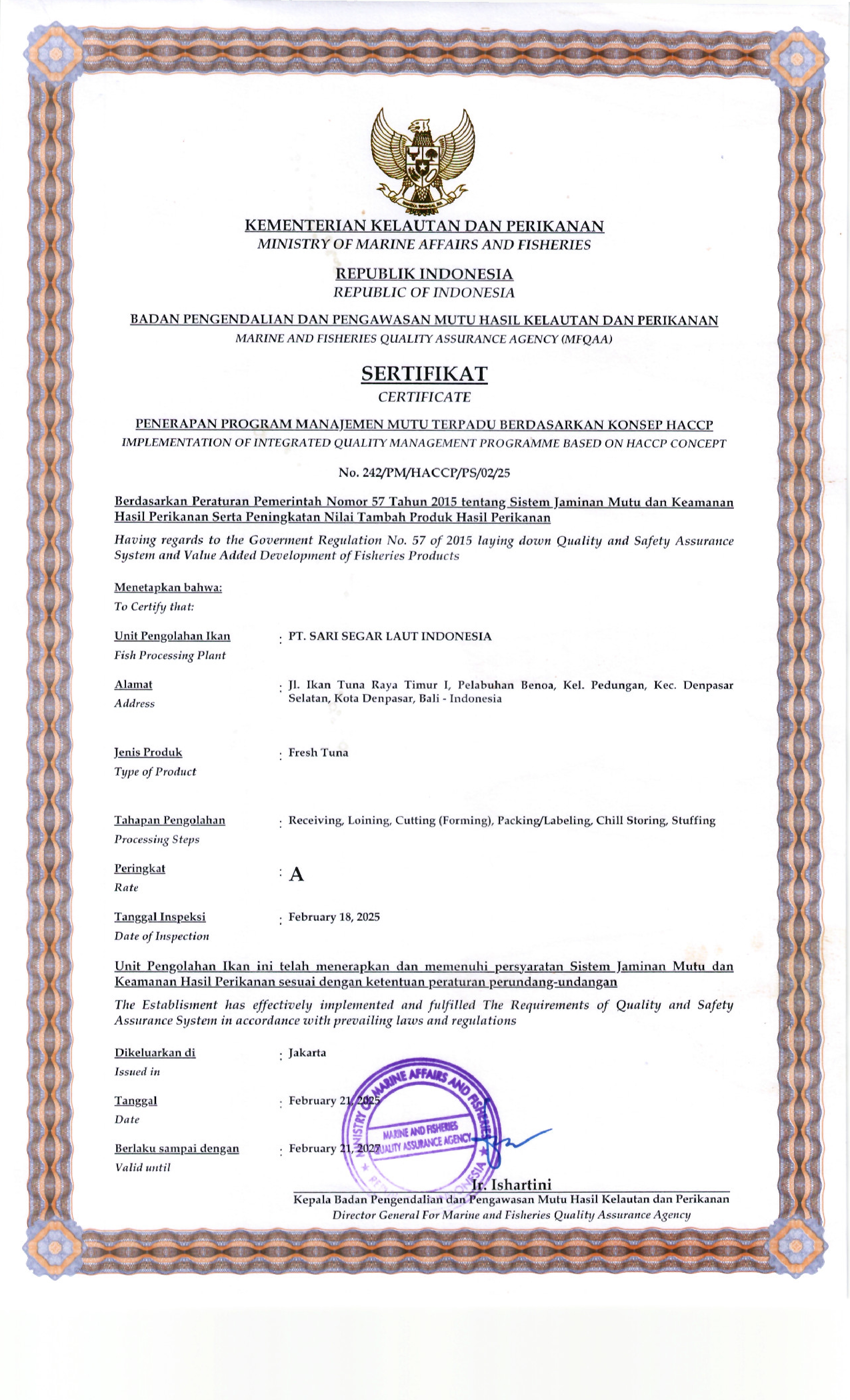 HACCP Certificate of Fresh Tuna Product