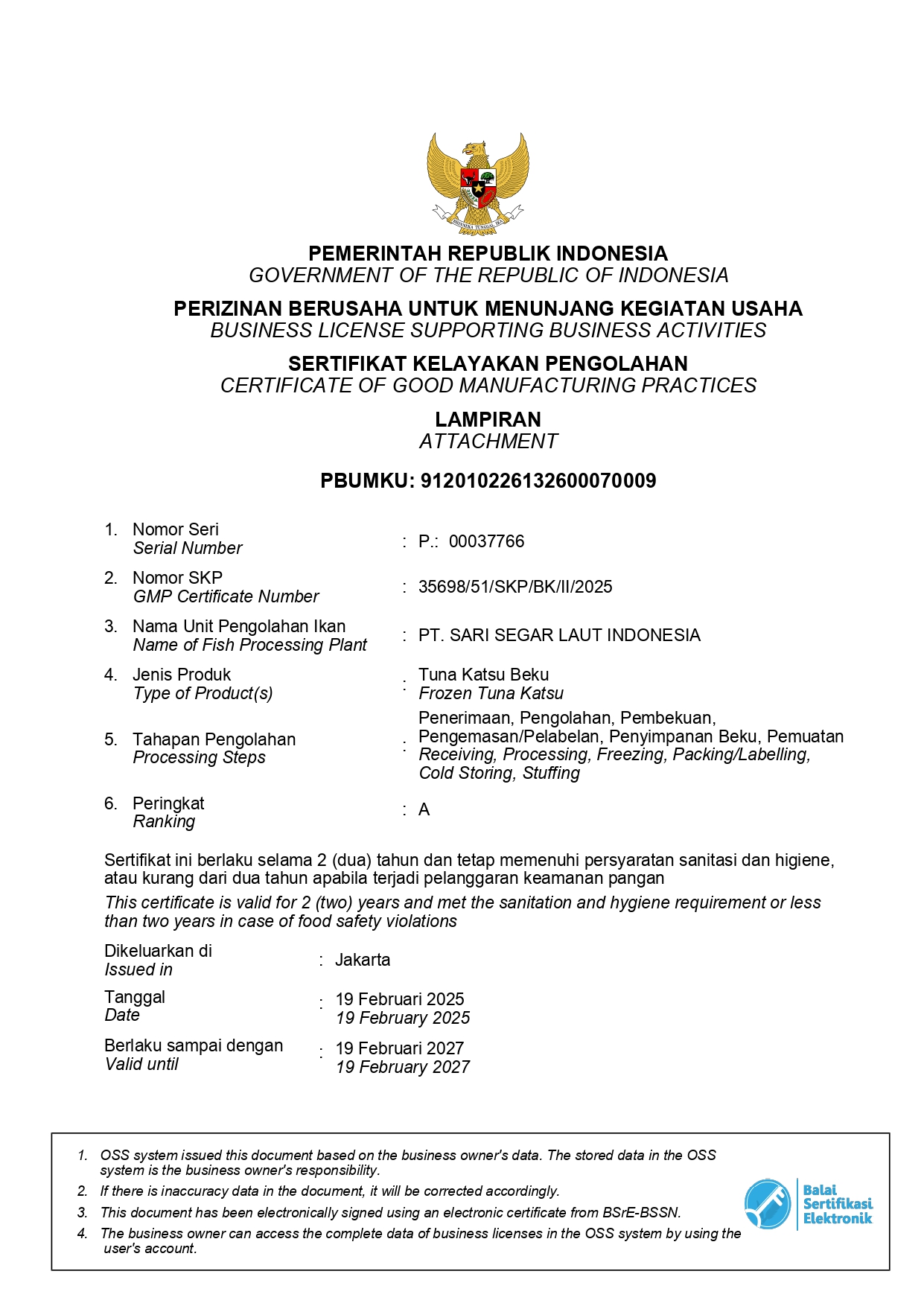 Certificate of Good Manufacturing Practices of Frozen Tuna Katsu