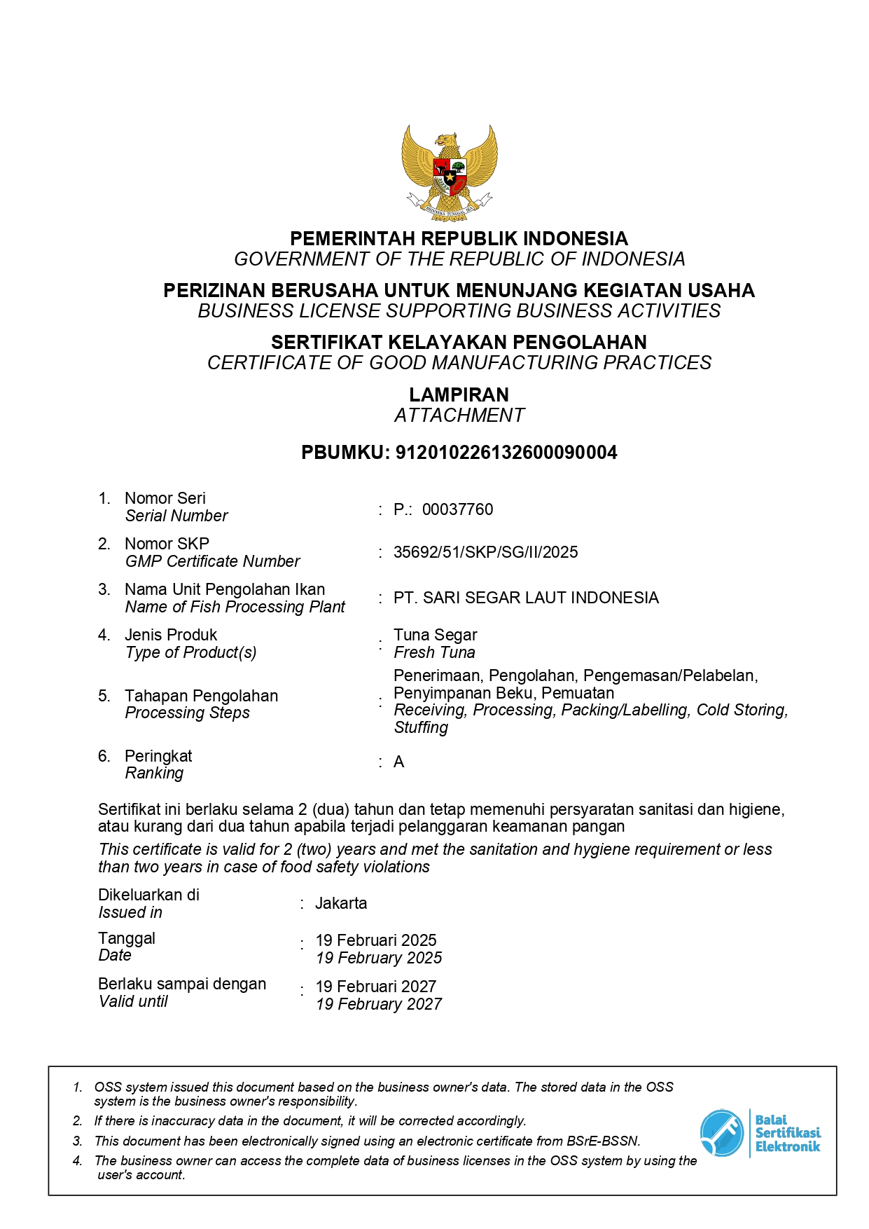Certificate of Good Manufacturing Practices of Fresh Tuna