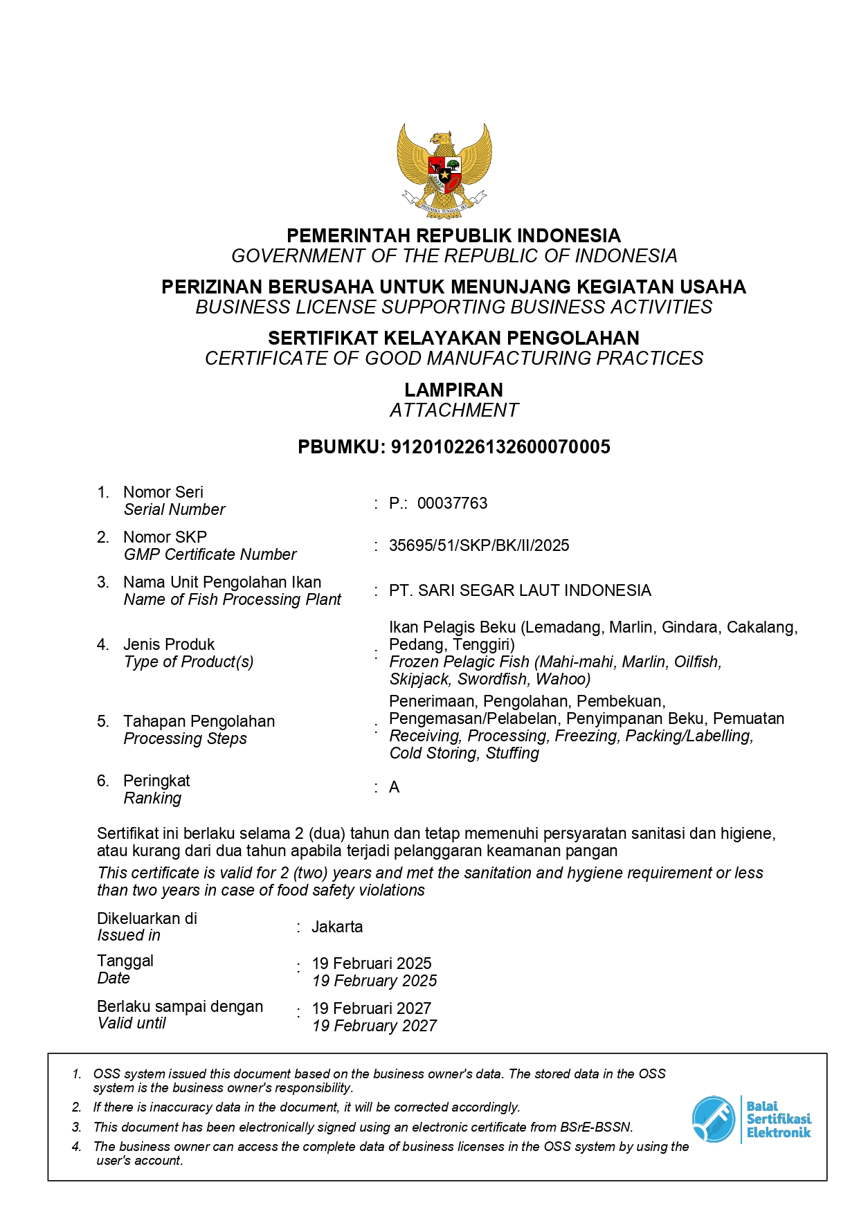 Certificate of Good Manufacturing Practices of Frozen Pelagic Fish