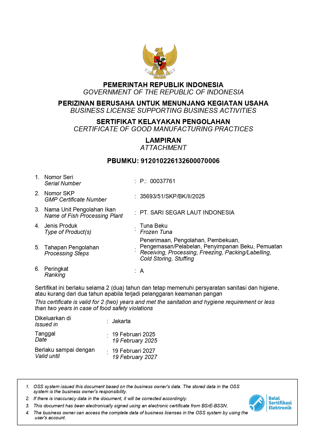 Certificate of Good Manufacturing Practices of Frozen Tuna