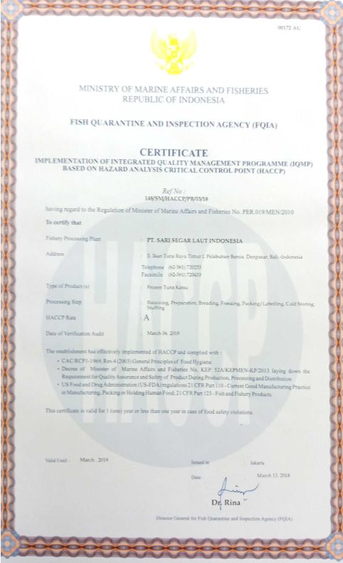 HACCP Certificate of Frozen Tuna Katsu Product