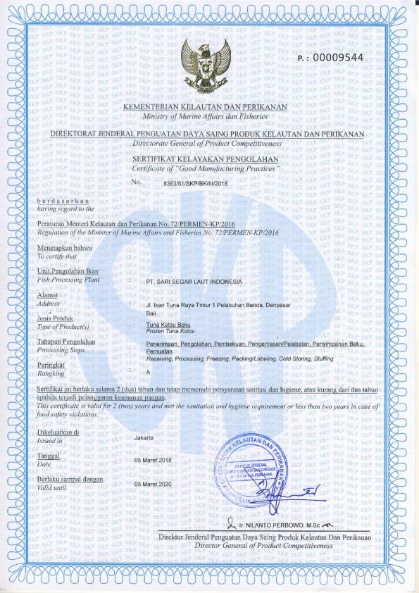 Certificate of Good Manufacturing Practices of Frozen Tuna Katsu