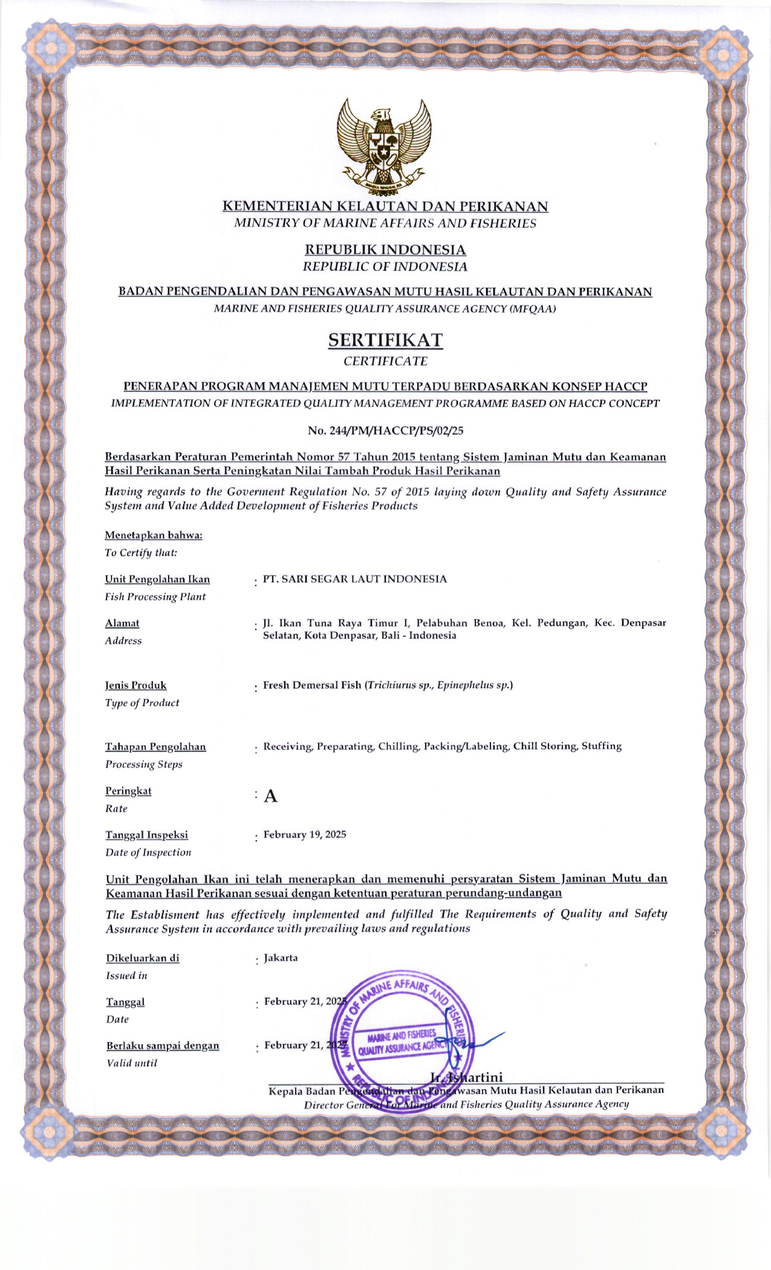 HACCP Certificate of Fresh Demersial Fish Product
