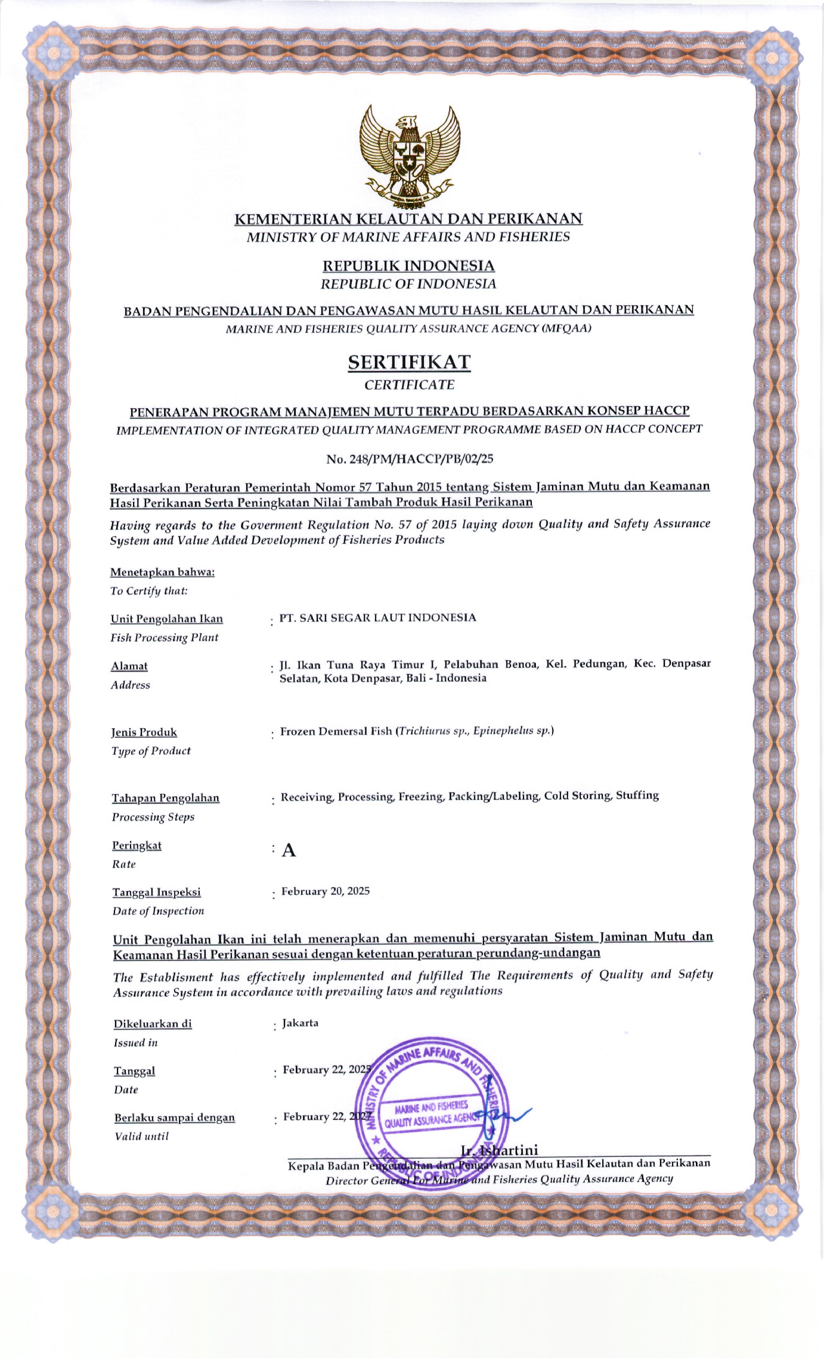 HACCP Certificate of Frozen Demersal Fish Product